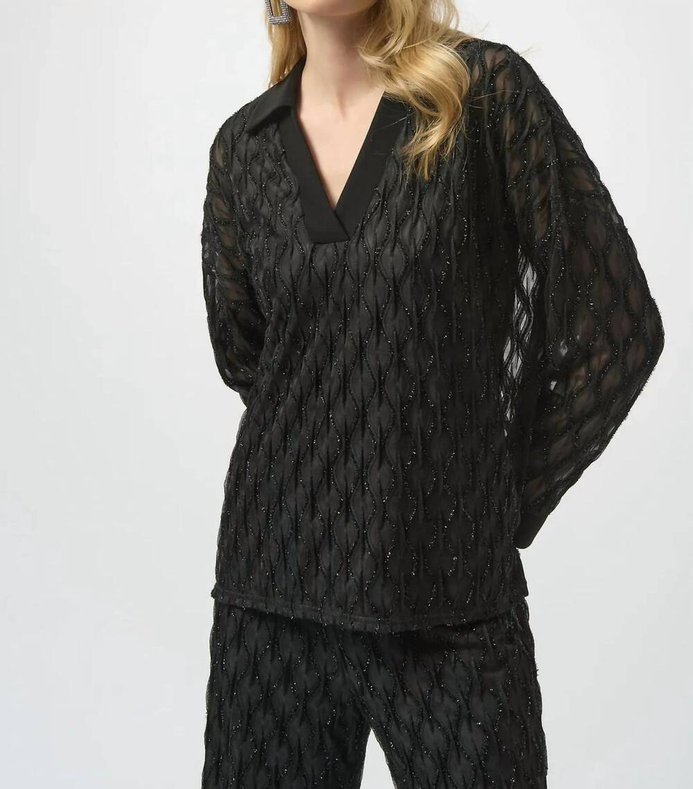 NEW JOSEPH RIBKOFF beaded v-neck collared long sleeve top in black